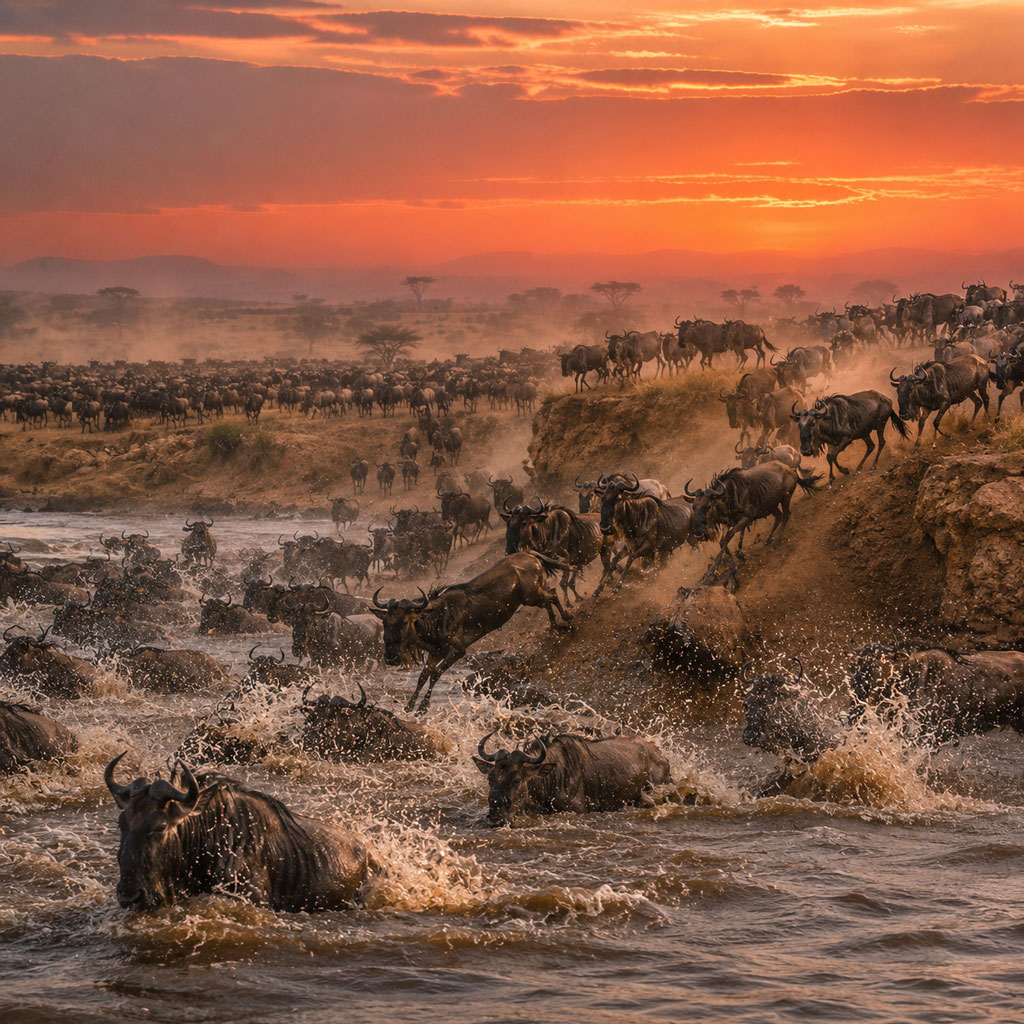 Open grasslands and acacia trees at sunrise