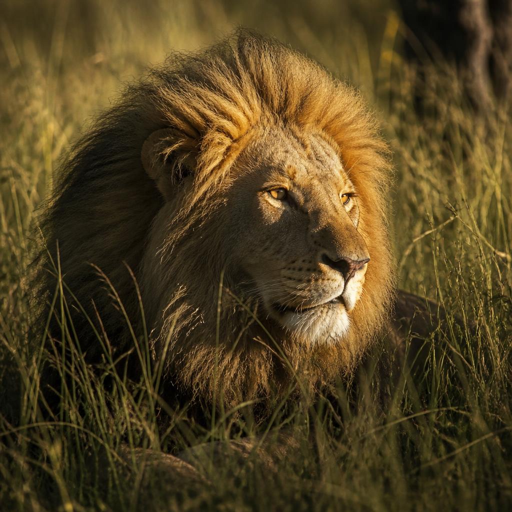 Lion resting in tall grass in Kenya